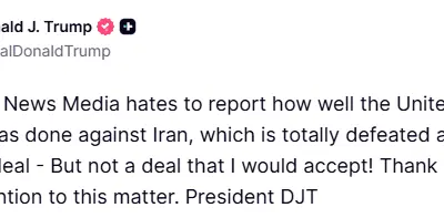 ABD Başkanı Donald Trump, İran’ın tamamen yenilgiye uğradığını ve kendileriyle