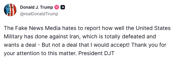 ABD Başkanı Donald Trump, İran’ın tamamen yenilgiye uğradığını ve kendileriyle