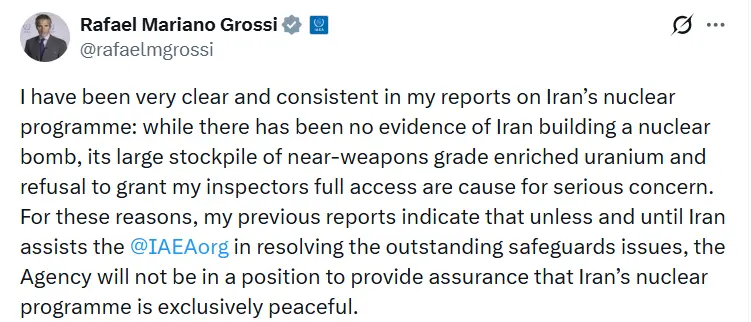 Uluslararası Atom Enerjisi Ajansı (UAEA) Başkanı Rafael Grossi, İran’ın nükleer