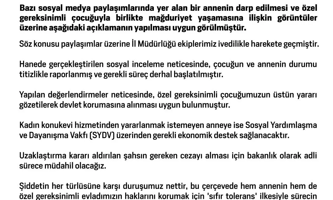 Aile ve Sosyal Hizmetler Bakanlığı, darbedilen anne ve özel gereksinimli