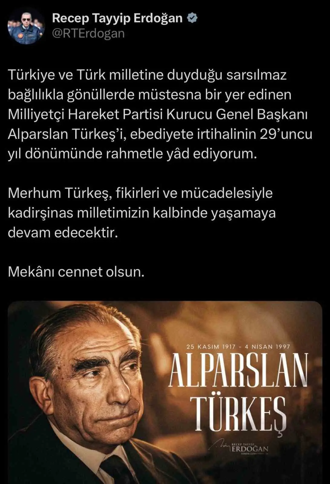 Cumhurbaşkanı Recep Tayyip Erdoğan, Alparslan Türkeş’in vefatının 29’uncu yıl dönümü