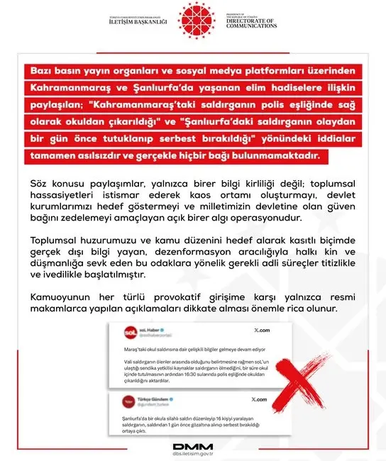 Dezenformasyonla Mücadele Merkezi (DMM) tarafından yapılan açıklamada, “Bazı basın yayın