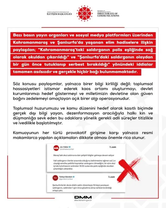 Dezenformasyonla Mücadele Merkezi (DMM) tarafından yapılan açıklamada, “Bazı basın yayın