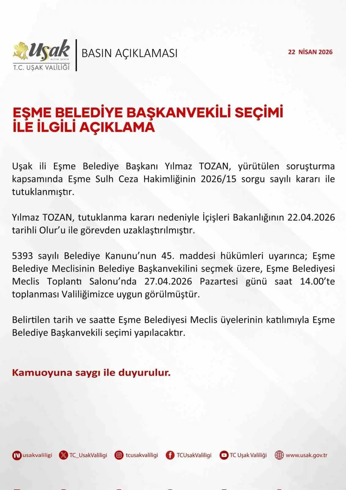Uşak Valiliği, Eşme Belediye Başkanı Yılmaz Tozan’ın tutuklanmasının ardından görevden