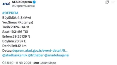 Kütahya’nın Simav ilçesi merkezli 4.8 büyüklüğündeki deprem Bursa ve ilçelerinden