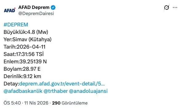 Kütahya’nın Simav ilçesi merkezli 4.8 büyüklüğündeki deprem Bursa ve ilçelerinden