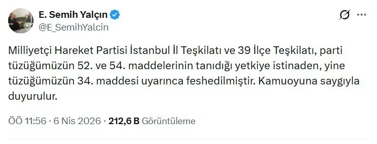 Milliyetçi Hareket Partisi (MHP) Genel Başkan Yardımcısı Semih Yalçın, İstanbul
