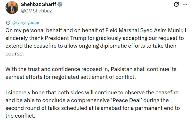 Pakistan Başbakanı Şahbaz Şerif, diplomatik çabaların devamına imkan tanımak için