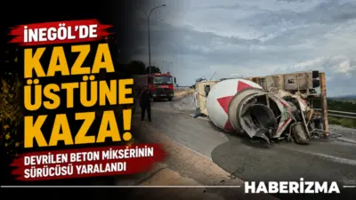 Bursa’nın İnegöl ilçesinde, kontrolden çıkan beton mikseri virajda devrildi; sürücüsü