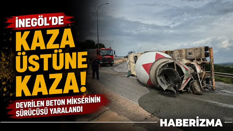 Bursa’nın İnegöl ilçesinde, kontrolden çıkan beton mikseri virajda devrildi; sürücüsü