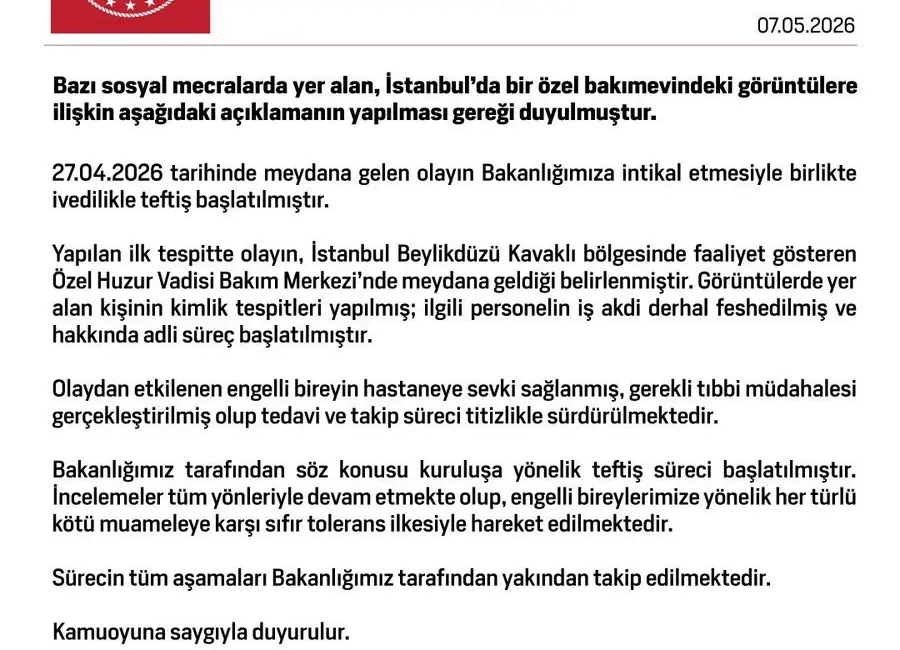 Aile ve Sosyal Hizmetler Bakanlığı, İstanbul’da özel bir bakımevinde ortaya