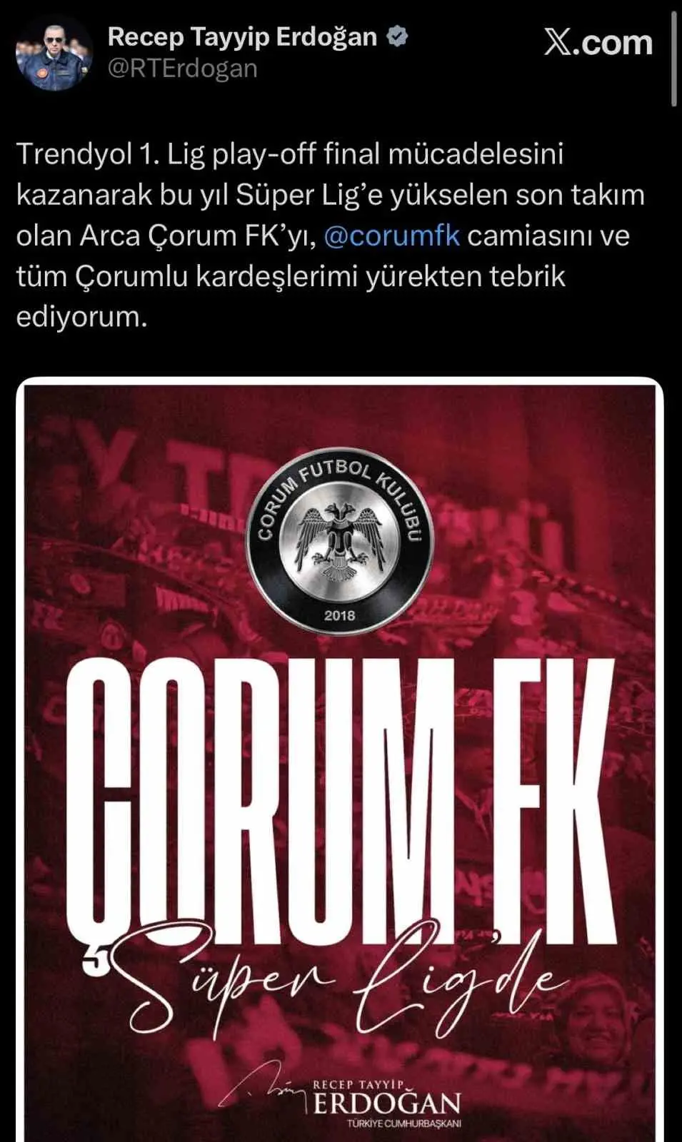 Cumhurbaşkanı Recep Tayyip Erdoğan, Süper Lig’e yükselen son takım olan