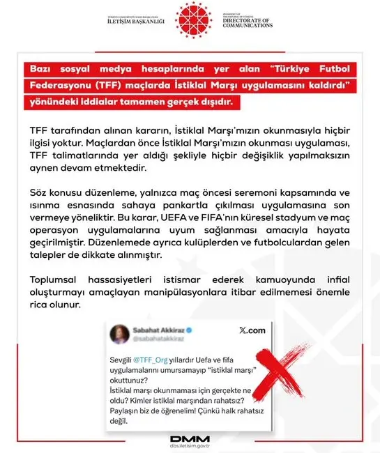 Dezenformasyonla Mücadele Merkezi (DMM), ‘Türkiye Futbol Federasyonu (TFF) maçlarda İstiklal