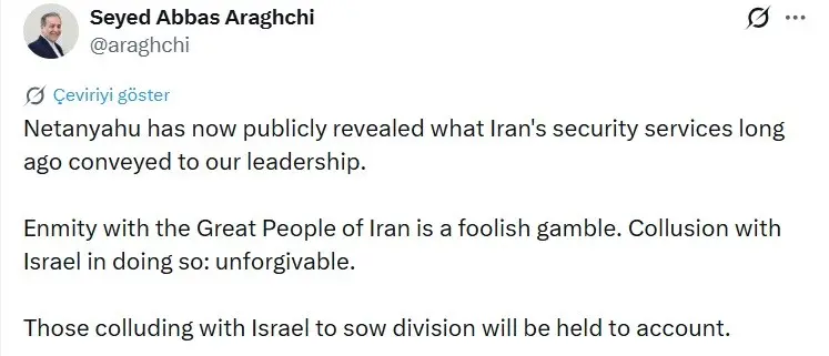 İran Dışişleri Bakanı Abbas Arakçi, İsrail Başbakanı Binyamin Netanyahu’nun ülkesine