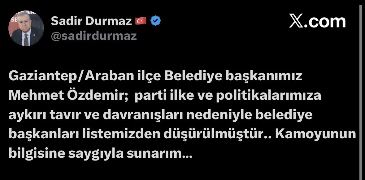 Milliyetçi Hareket Partisi (MHP) Genel Başkan Yardımcısı Sadir Durmaz, Gaziantep