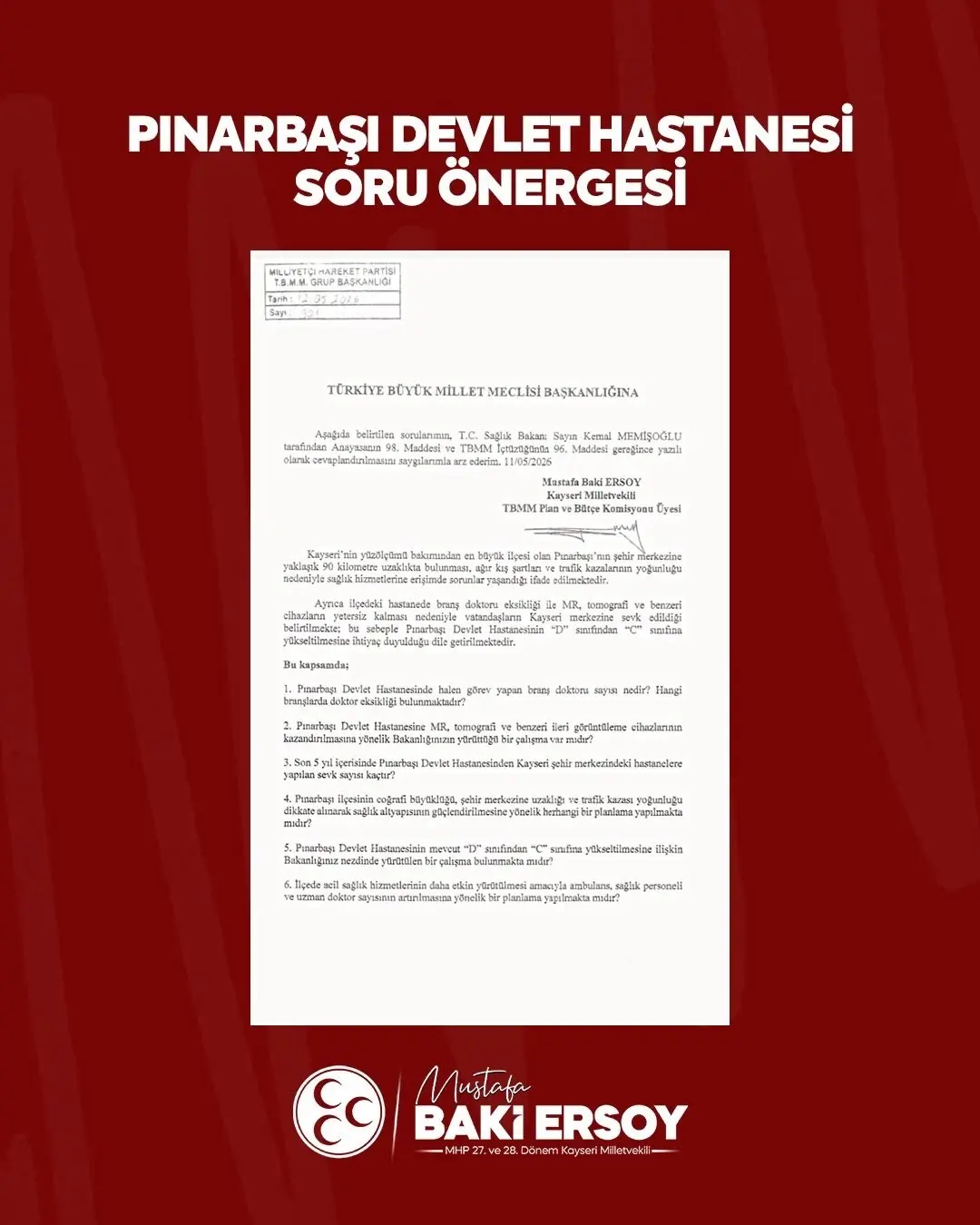 Milliyetçi Hareket Partisi (MHP) Kayseri Milletvekili Baki Ersoy, Kayseri’nin yüzölçümü