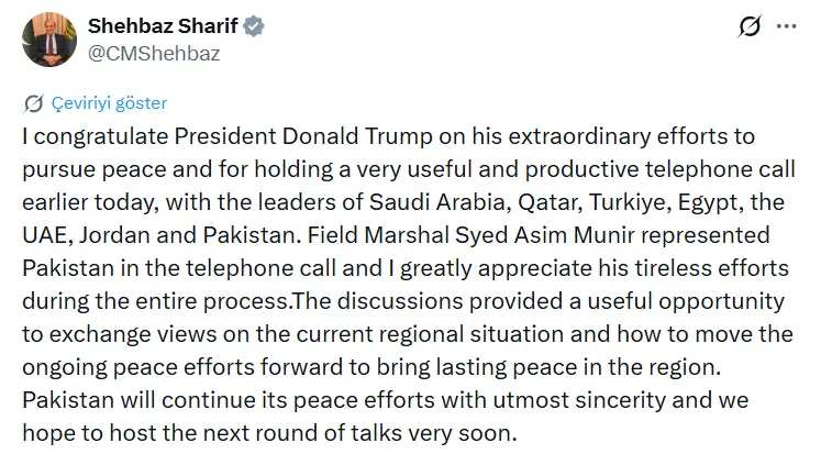Pakistan Başbakanı Şahbaz Şerif, ABD Başkanı Donald Trump’ı barışı teşvik