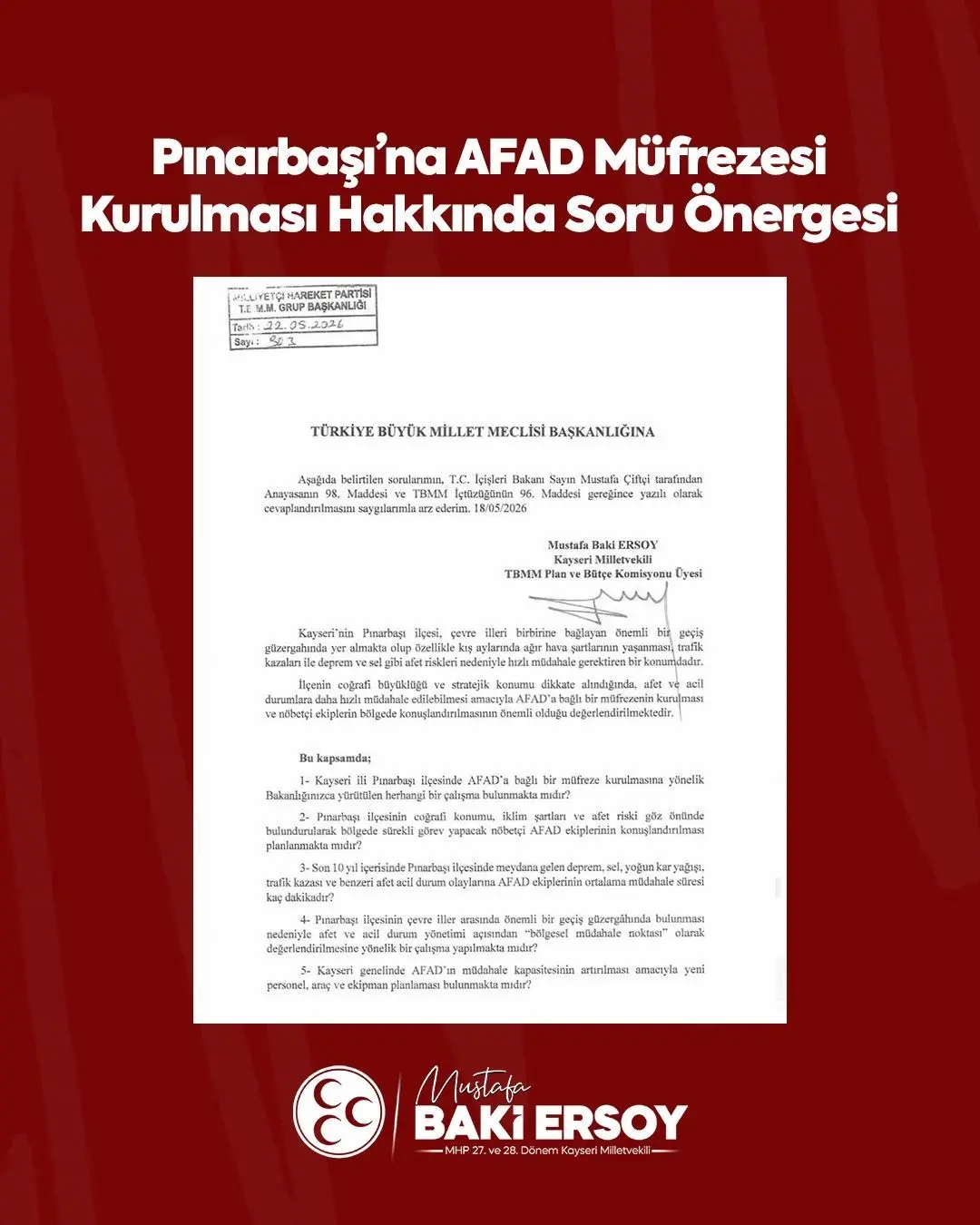 Milliyetçi Hareket Partisi (MHP) Kayseri Milletvekili Baki Ersoy, Kayseri’nin Pınarbaşı