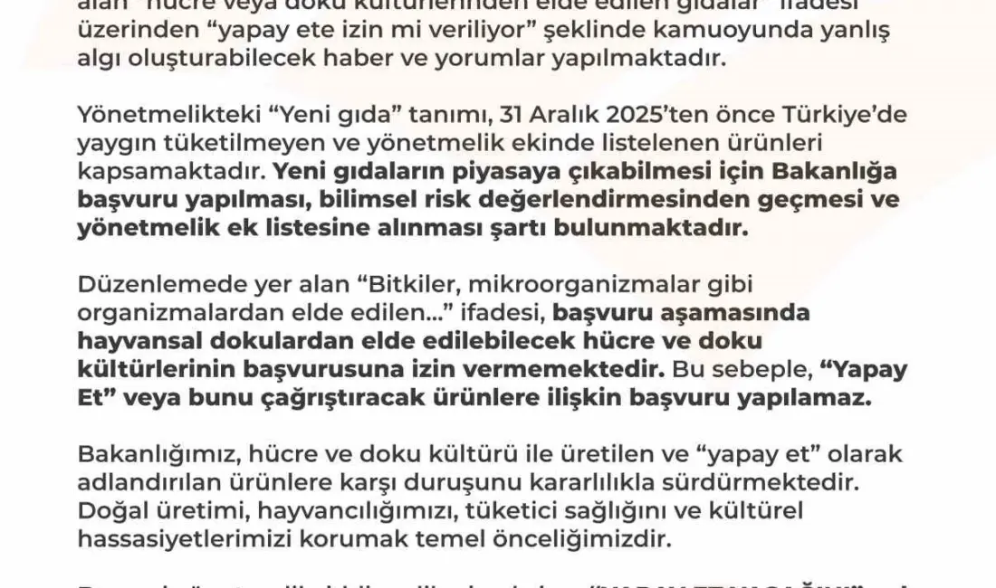 Tarım ve Orman Bakanlığı, bazı yayın organlarındaki ‘yapay ete izin