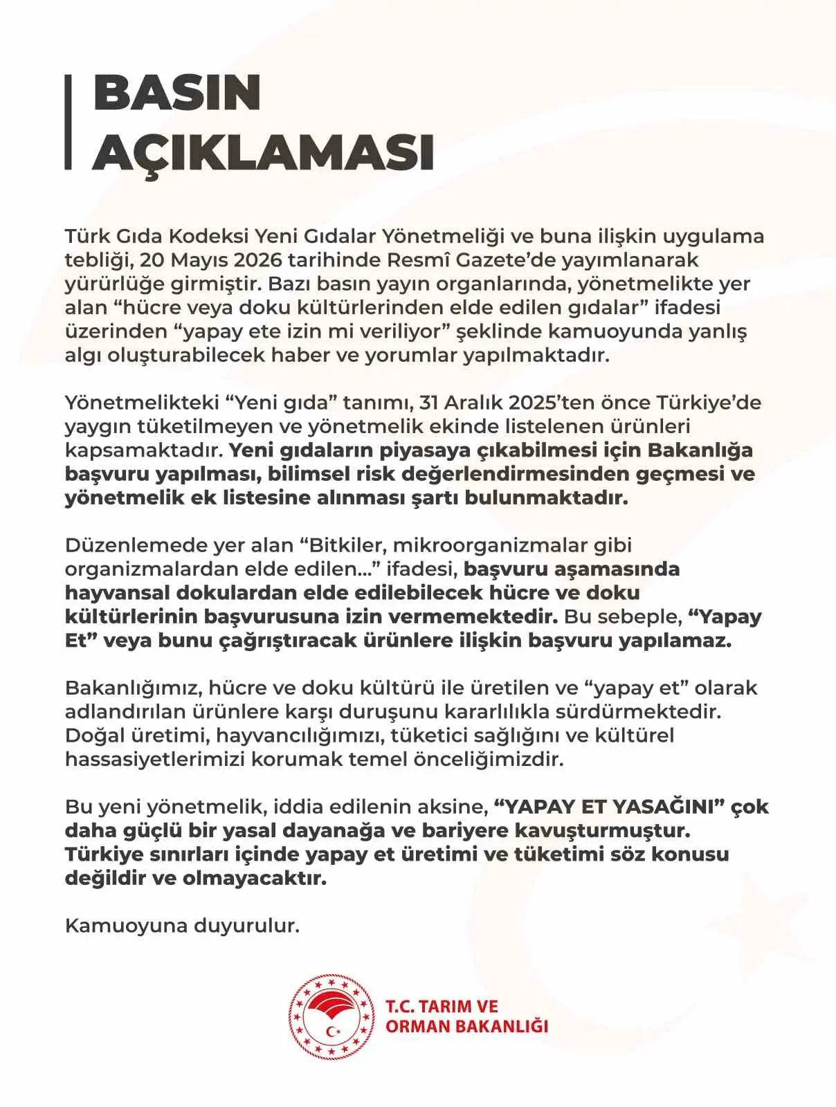 Tarım ve Orman Bakanlığı, bazı yayın organlarındaki ‘yapay ete izin