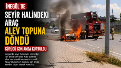 Bursa’nın İnegöl ilçesinde seyir halindeyken motor kısmından dumanlar yükselen otomobil,