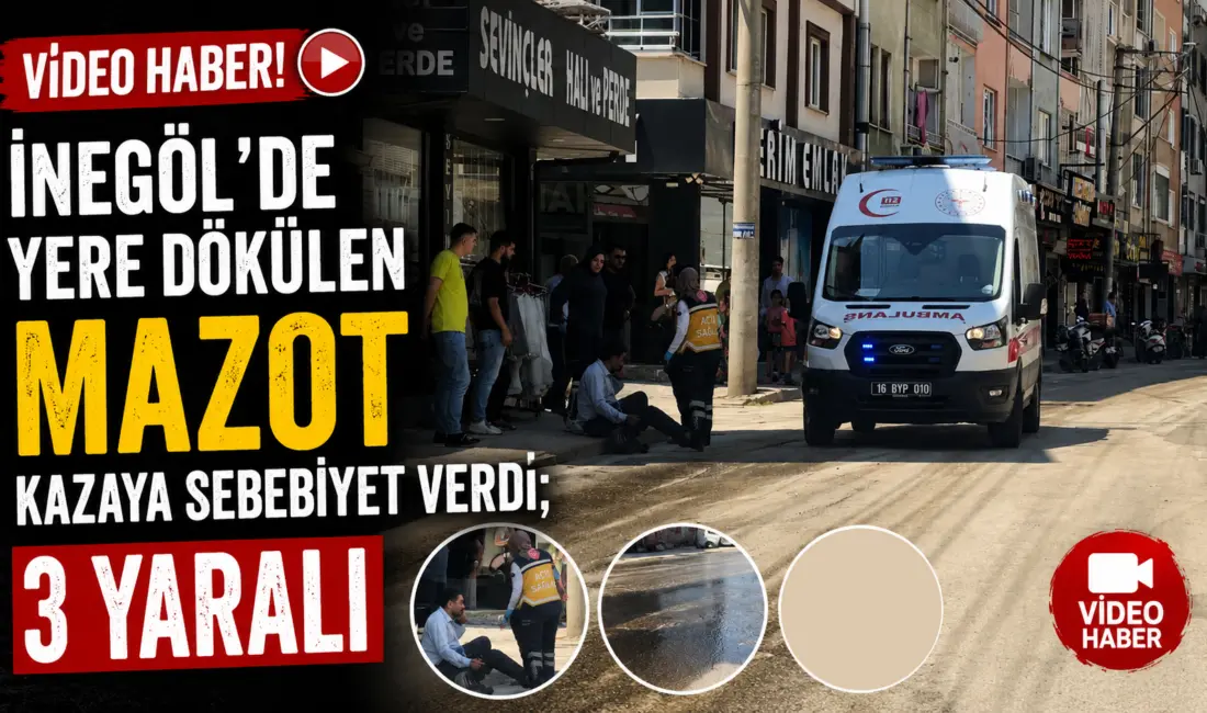 Bursa’nın İnegöl ilçesinde dökülen mazot yolu buz pistine çevirdi. Bir