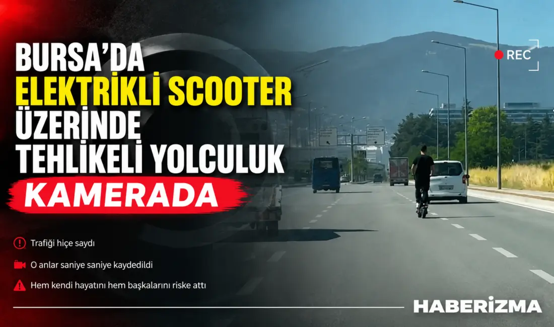 Bursa’da elektrikli scooter sürücüsünün trafikteki tehlikeli ilerleyişi cep telefonu kamerasına