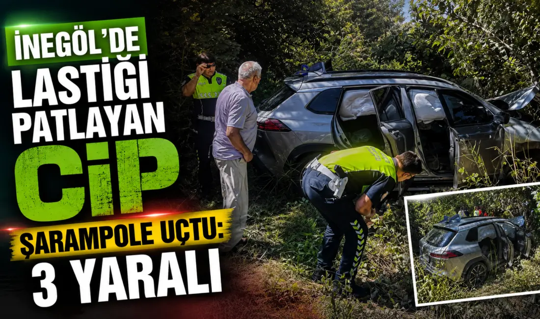 Bursa’nın İnegöl ilçesinde lastiği patlayan cipin kontrolden çıkarak şarampole uçtuğu