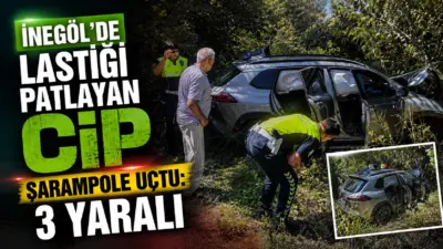Bursa’nın İnegöl ilçesinde lastiği patlayan cipin kontrolden çıkarak şarampole uçtuğu