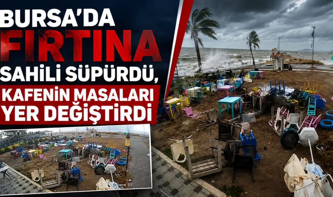 Bursa’nın Karacabey ilçesinde yaşanan etkili fırtına, sahilde bulunan bir kafeyi