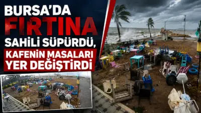 Bursa’nın Karacabey ilçesinde yaşanan etkili fırtına, sahilde bulunan bir kafeyi