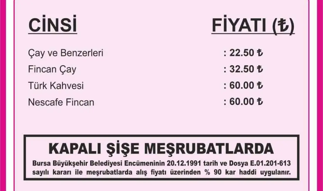 Bursa Kahveciler ve Benzerleri Odası, 2026-2027 döneminde uygulanacak azami fiyat