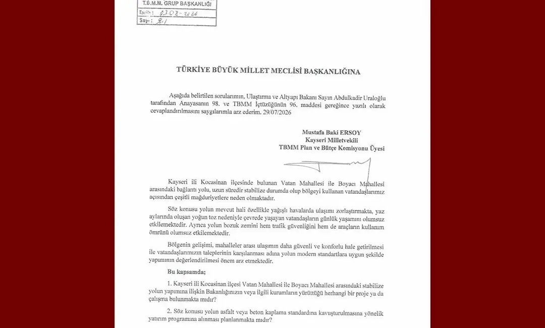 Milliyetçi Hareket Partisi (MHP) Kayseri Milletvekili Baki Ersoy; Kayseri’nin Kocasinan