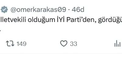 İYİ Parti Aydın Milletvekili Ömer Karakaş, sosyal medya hesabından yaptığı