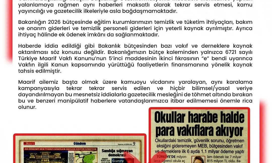 Milli Eğitim Bakanlığı Dezenformasyonla Mücadele (MEBDMM), “MEB bütçesinden vakıf ve