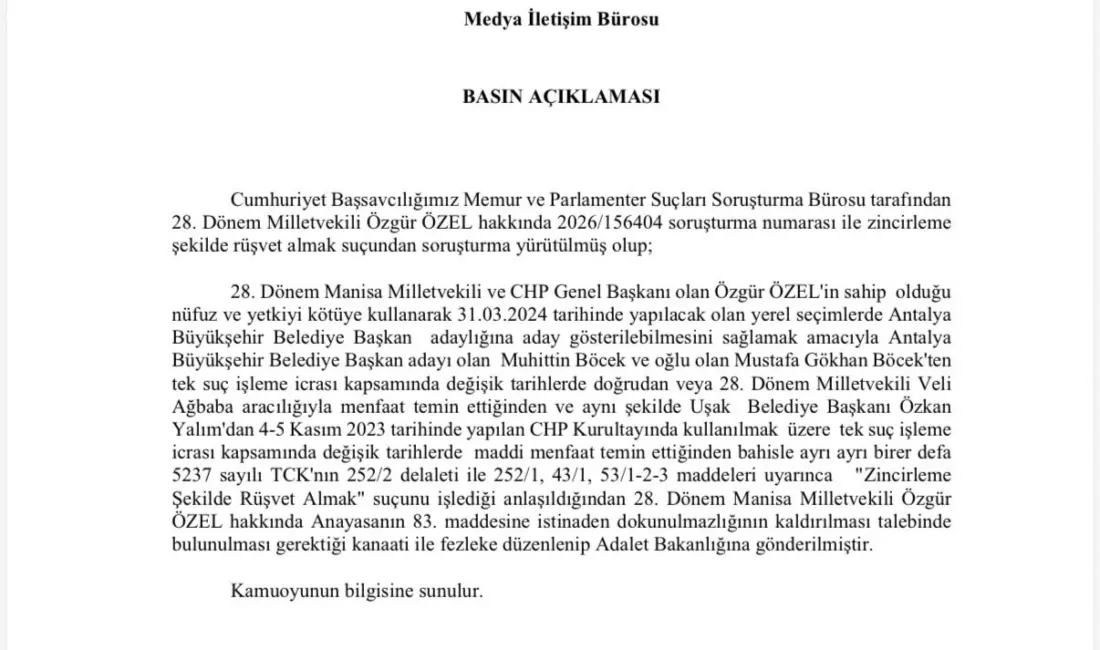 Özgür Özel ve Veli Ağbaba’nın dokunulmazlıklarının kaldırılmasına yönelik hazırlanan fezlekeler