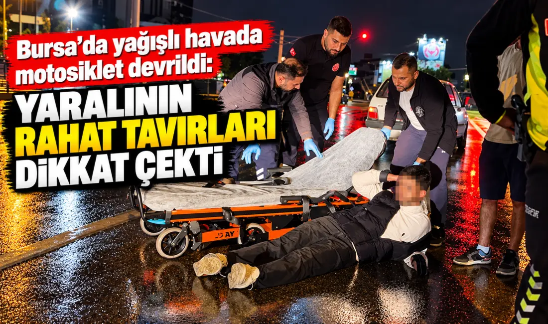 Bursa’da yağış nedeniyle kayganlaşan yolda kontrolden çıkan motosiklet devrildi. Kazada
