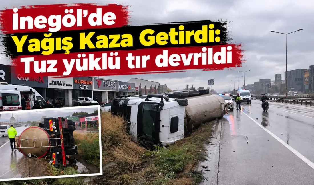 Bursa’nın İnegöl ilçesinde yağış nedeniyle kayganlaşan yolda kontrolden çıkan sıvı