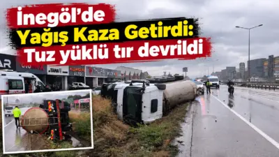 Bursa’nın İnegöl ilçesinde yağış nedeniyle kayganlaşan yolda kontrolden çıkan sıvı