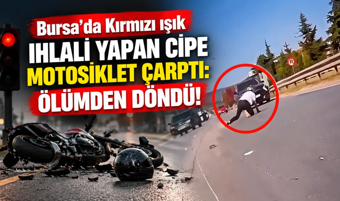 Bursa’da kırmızı ışık ihlali yapan cipe motosiklet çarptı. Tırın lastiklerine