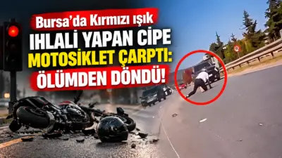 Bursa’da kırmızı ışık ihlali yapan cipe motosiklet çarptı. Tırın lastiklerine