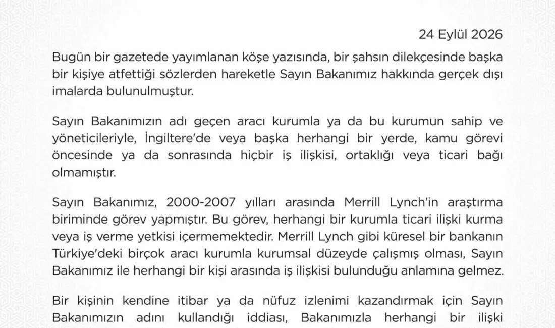 Hazine ve Maliye Bakanlığı, bir köşe yazısında yer alan Bakan