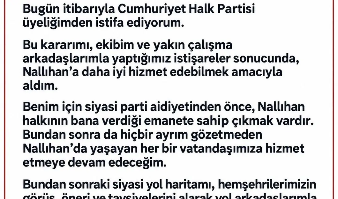 Nallıhan Belediye Başkanı Ertunç Güngör, Cumhuriyet Halk Partisi’nden (CHP) istifa