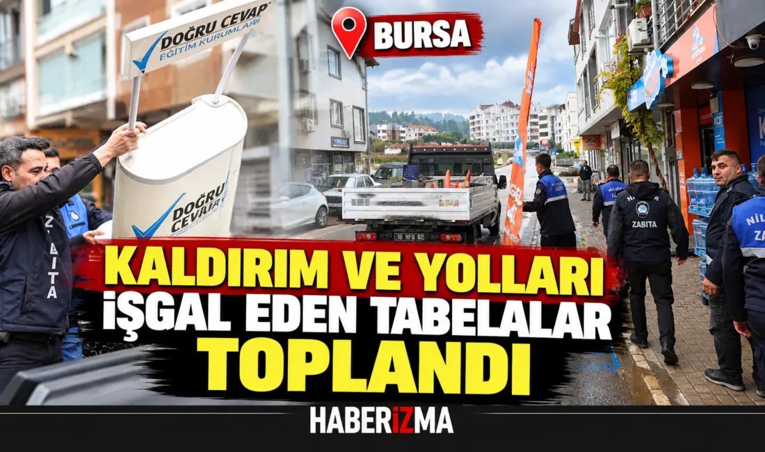 Nilüfer Belediyesi ekipleri, yaya, bisiklet ve engelli yollarını kapatan tabela,