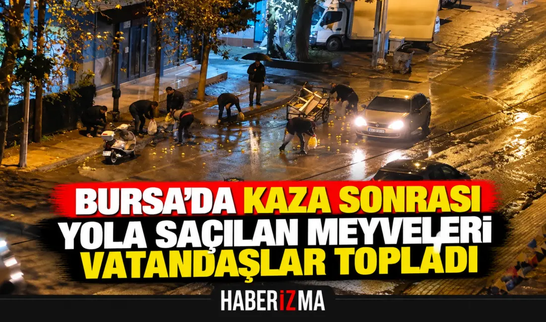 Bursa’da otomobil ile seyyar satıcının çarpıştığı kazada yola saçılan meyveler,